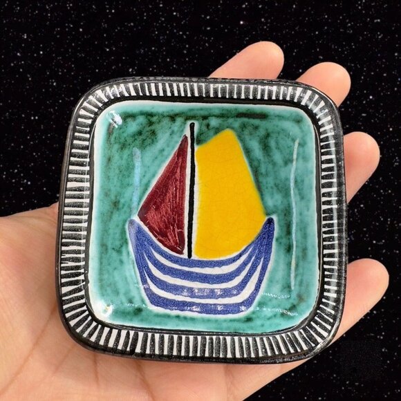 Vintage Norway Art Pottery Small Trinket Dish Ashtray Signed Hand Painted Ship - Picture 1 of 12